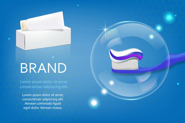 Vektor, 3D-Werbung für Zahnweißpasta. Ein grafisches Konzept für Ihr Design. Layoutschablone, Tube mit Verpackung. - Vektor, Bild
