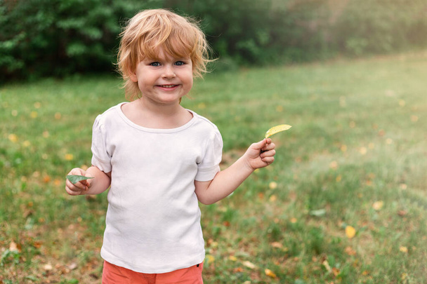 Kleines glückliches Kind, das im Sommer draußen spielt. Lächelndes kleines Mädchen an sonnigem Tag im Park. - Foto, Bild