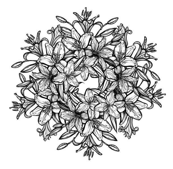 Botanical vector illustration, summer lilium flowers, bouquet of flowers, line art style, romantic decoration, print on t-shirt, tattoo, Handmade - Вектор,изображение