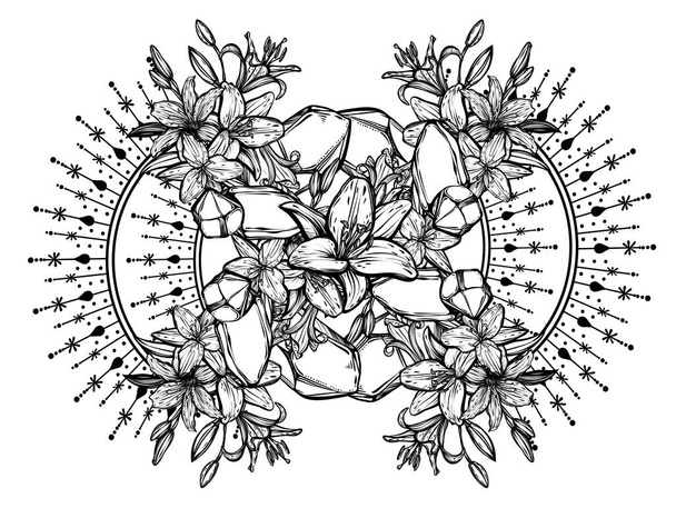 Botanical vector illustration, summer lilium flowers, bouquet of flowers, crystals, line art style, romantic decoration, print on t-shirt, tattoo, Handmade - Вектор,изображение