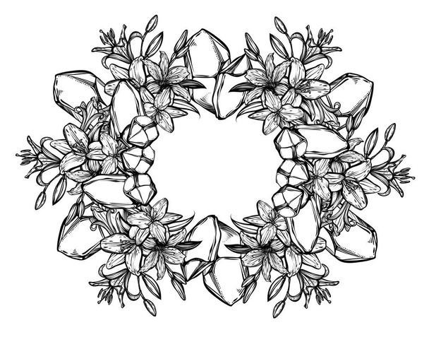 Botanical vector illustration, summer lilium flowers, bouquet of flowers, crystals, romantic decoration, line art style, Handmade, print on t-shirt, tattoo - Vektor, obrázek