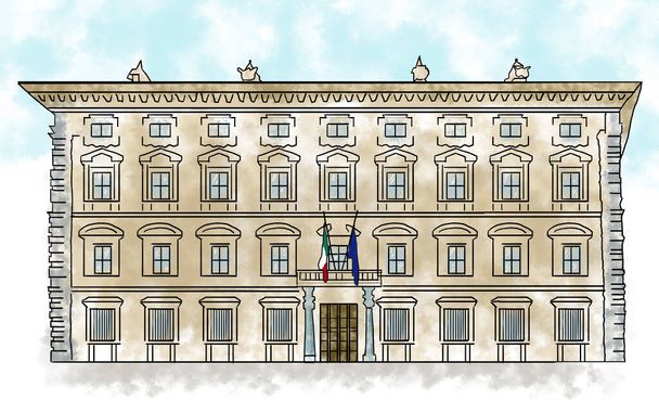 Palazzo Madama est le siège du Sénat à Rome. Italie. Vue sur la façade du bâtiment, entrée piétonne. Dessin à main levée - Photo, image