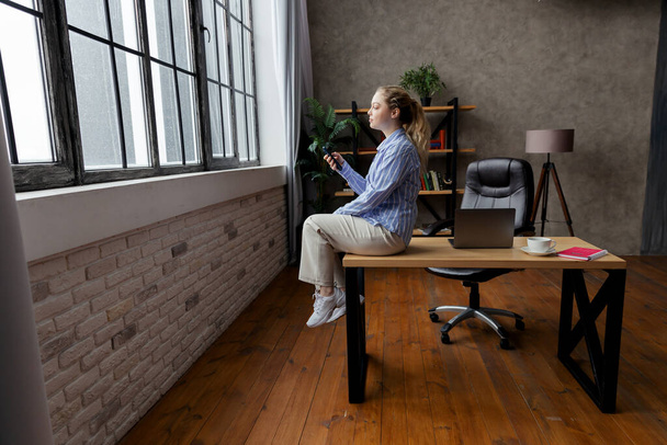 Успешная молодая деловая женщина держит телефон, сидит на столе и смотрит в окно - Фото, изображение