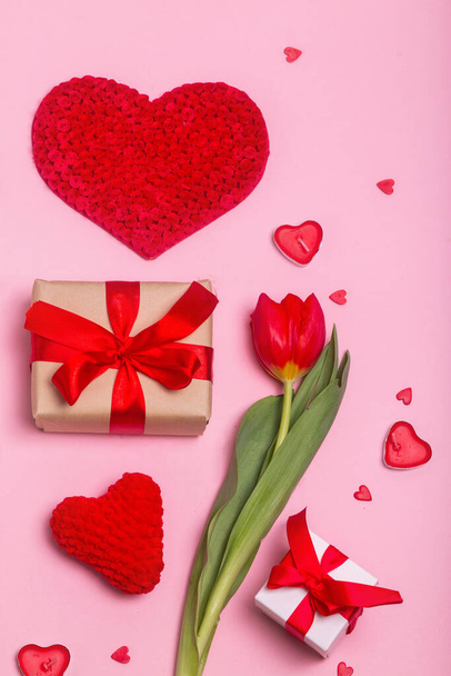 alentines Day concept with gift boxes, flower and hearts on pink background. Flat lay. - Photo, Image