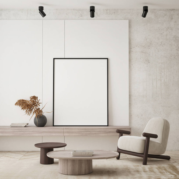 mock up poster frame in modern interior background, living room, Scandinavian style, 3D render, 3D illustration - Foto, afbeelding