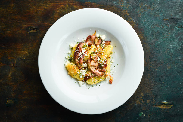 Potato gnocchi with bacon and cheese. Restaurant menu. Top view. - Valokuva, kuva
