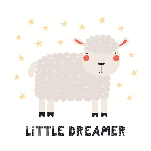 Bonito ovelhas engraçadas, lettering citação Pequeno sonhador, - Vetor, Imagem