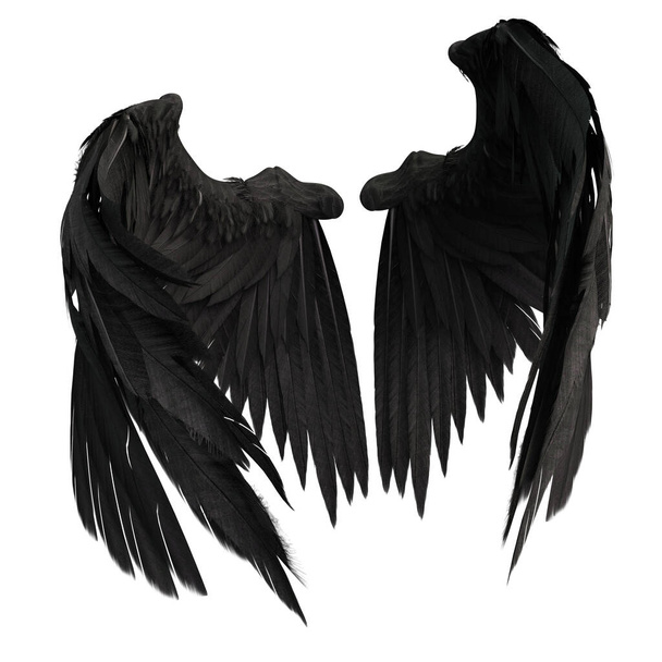 Par de alas de ángel negro aisladas con plumas 3D sobre fondo blanco, Ilustración 3D, Renderizado 3D - Foto, imagen