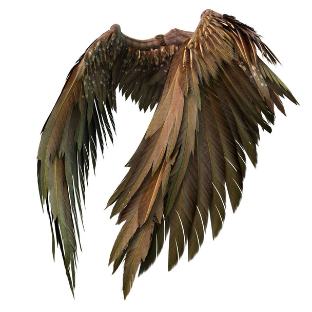 Pair of isolated brown angel style wings with 3D feathers on white background, 3D Illustration, 3D Rendering - Photo, Image