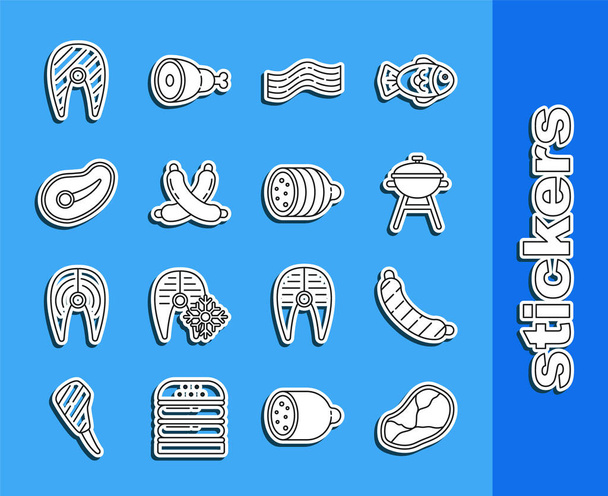Set line Steak meat, Sausage, Barbecue grill, Bacon stripe, Crossed sausage, Fish steak and Salami icon. Vector - Vector, Image