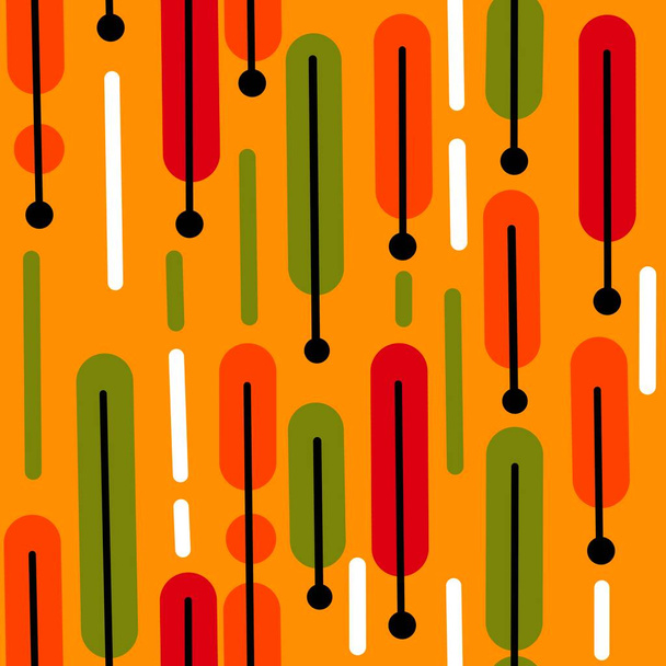 赤緑のオレンジの色で世紀半ば現代的なパターンを描いたシームレスな手。レトロヴィンテージ50 60ダイヤモンド原子年齢mcmパターンと抽象的な幾何学的な形状のテキスタイル壁紙の流行のデザイン. - 写真・画像