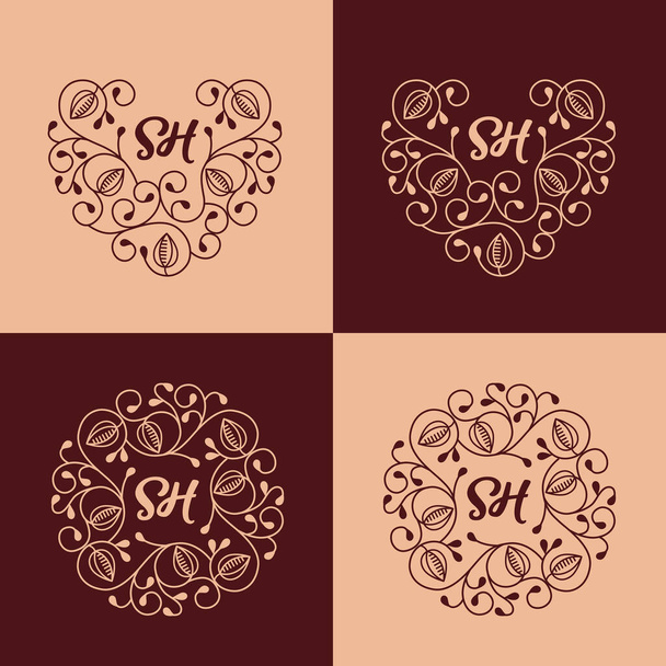 Ensemble d'élégant modèle de cadre de monogramme floral de luxe sur fond brun chocolat. Style vintage cacao haricots vecteur. - Vecteur, image