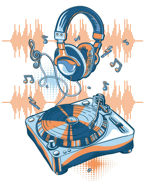 Musical turntable and headphones, colorful funky music design - Vector, Imagen