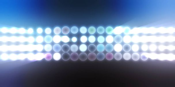 Glühende Mustertapete. Glamour Hintergrund von bunten Lichtern mit Scheinwerfern. Leuchtende Lichter Party-LEDs auf schwarzem Hintergrund. Digitale Abbildung von Bühnen- oder Stadionscheinwerfern.  - Foto, Bild