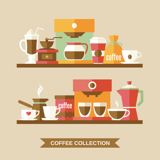 Coffee elements on shelves - Vector, Image
