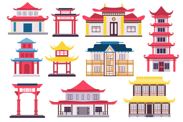 Kínai és japán épületek koncepció gyűjtemény lapos rajzfilm design. Tornyok, házak, kapu és templom a hagyományos építészet pagoda tetők, meghatározott elszigetelt elemeket. Illusztráció - Fotó, kép