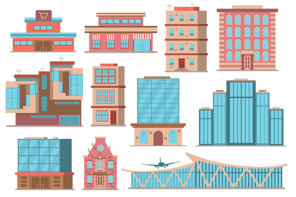 Konzeptsammlung städtischer Gebäude im flachen Cartoon-Design. Verschiedene Arten von privaten oder öffentlichen Gebäuden in moderner Architektur. Das Stadtbild von Immobilien setzte isolierte Elemente. Illustration - Foto, Bild