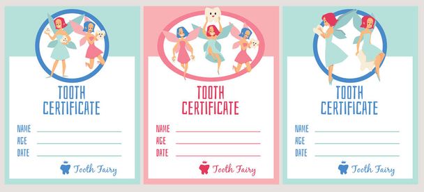 Tooth certificate templates set with beautiful magic fairies for kids in flat - Vecteur, image