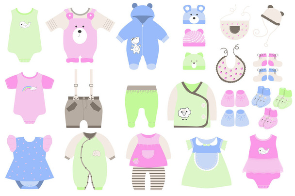 フラット漫画のデザインに設定かわいい赤ちゃん服や靴。幼児の男の子と女の子のための子供のワードローブ。ボディスーツ、ドレス、ルーパー、シャツ、パンツ、帽子および他の孤立した要素。イラスト - 写真・画像
