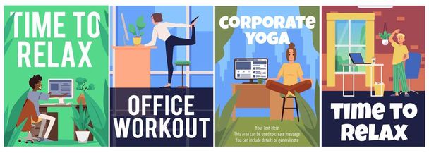 Office sport workout and corporate yoga posters, flat vector illustration. - Vetor, Imagem