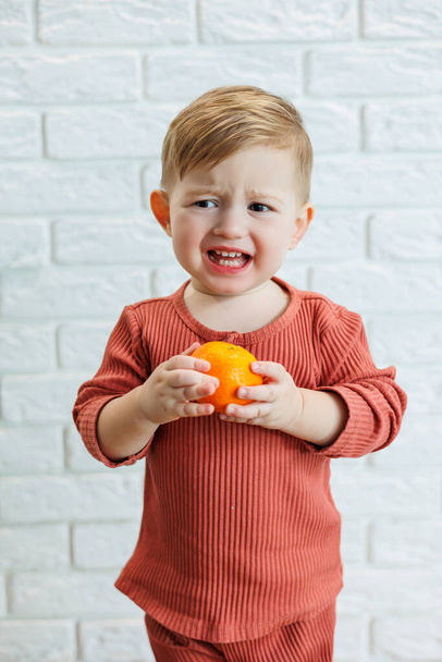 小さな子供2歳はオレンジの柑橘類を手に持っています。少年はみかんを食べたがっている - 写真・画像
