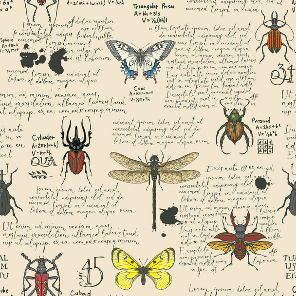 Vector seamless pattern with handwritten text Lorem Ipsum and various insects. Hand-drawn colored butterflies, beetles, dragonfly on an old paper background. Wallpaper, wrapping paper or fabric design - Vettoriali, immagini