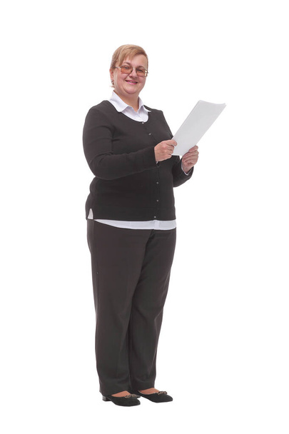 Side view of serious mature woman reading documents - Fotó, kép