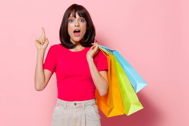 portrait woman with colorful shopping bags Lifestyle fashion - Zdjęcie, obraz