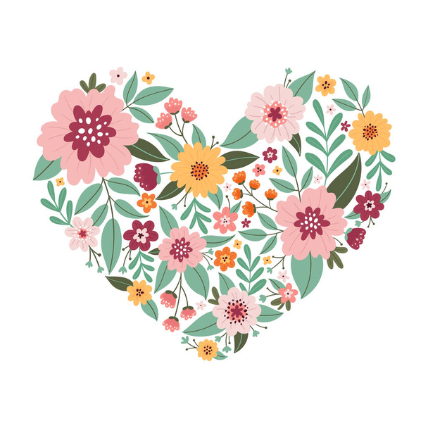 Flowers heart. Hand drawn colorful flowers. Romantic element for greeting and invitation cards, wedding decoration, fashion design, scrapbooking. - Vektor, Bild