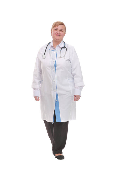 Full length back view of a health care worker standing isolated over white background - Zdjęcie, obraz