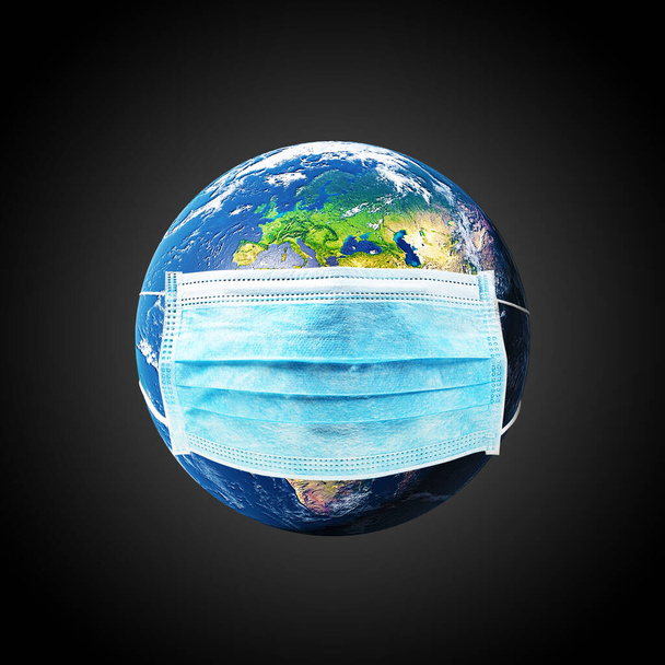 COVID-19, travel and safe world concept, globe in medical mask. Planet Earth with protect. Elements of image furnished by NASA. 3d illustration - Foto, Bild