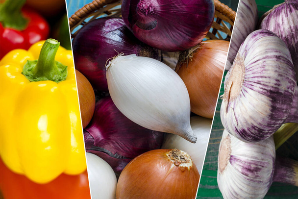 Colorful collage of different vegetables. Onion, garlic and bell peppers, a set of close-up photos - Valokuva, kuva