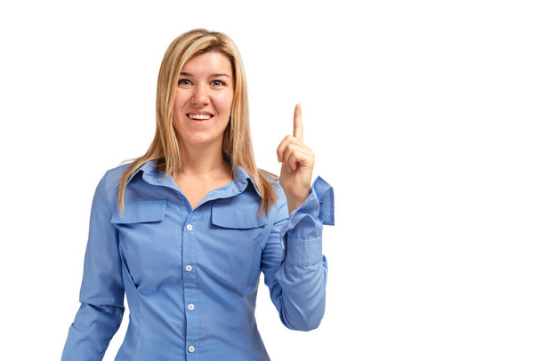 Girl showing index finger up isolated on white background - Photo, Image