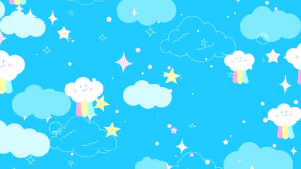 Döngülü kawaii karalama gökkuşağı bulutları mavi gökyüzünde gülümseyen yüzle. - Video, Çekim