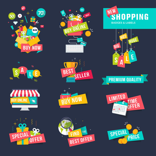 Set of flat design badges and ribbons for shopping - Vector, Image