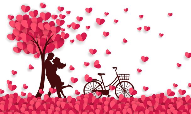 Couple hugging at a field of paper hearts and having a bicycle. - Διάνυσμα, εικόνα