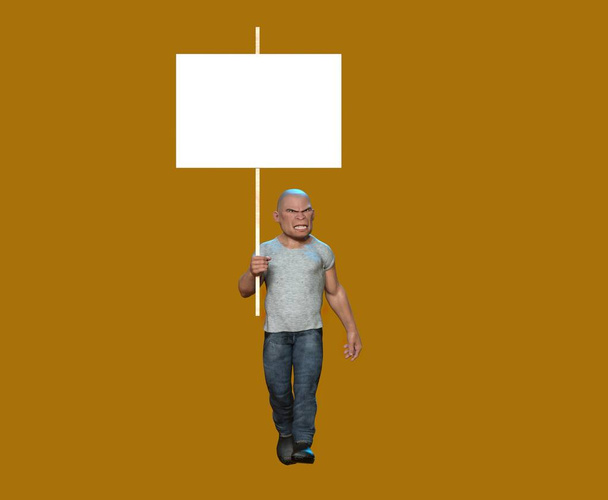 maduro muscular homem em t-shirt e jeans segurando um sinal em sua mão, ilustração 3D - Foto, Imagem