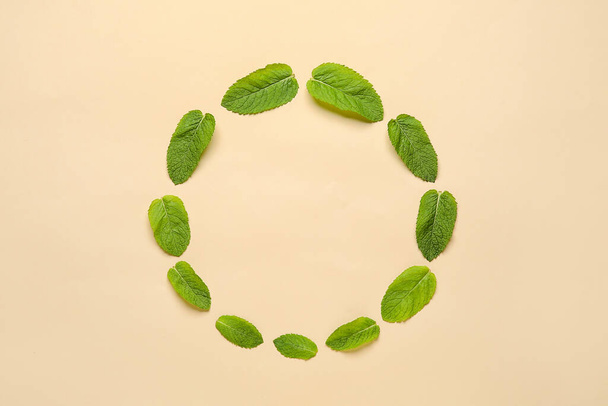 Frame made of fresh mint leaves on color background - Foto, imagen