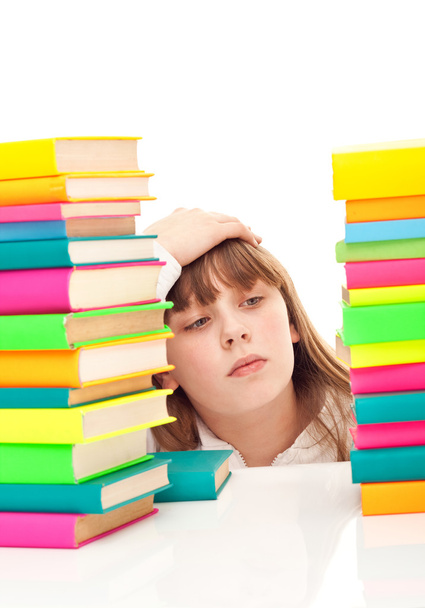 Worry schoolgirl with books - Foto, Imagen