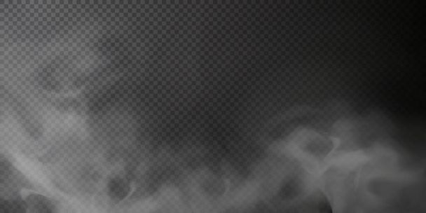 Vector απομονωμένο καπνό PNG. Λευκή υφή καπνού σε διαφανές μαύρο φόντο. Ειδικό αποτέλεσμα ατμού, καπνού, ομίχλης, νεφών. - Διάνυσμα, εικόνα
