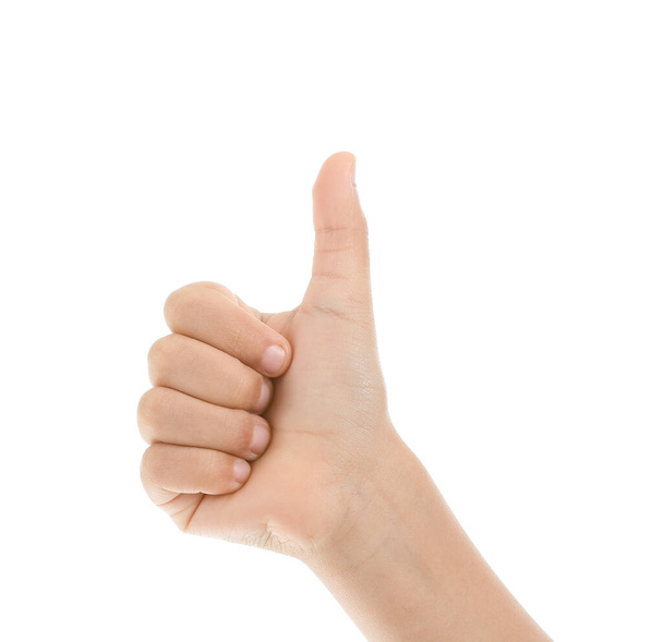 Child showing thumb-up on white background - Foto, afbeelding