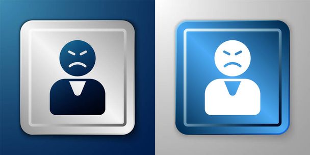 White Angry Kundensymbol isoliert auf blauem und grauem Hintergrund. Silberne und blaue quadratische Taste. Vektor - Vektor, Bild