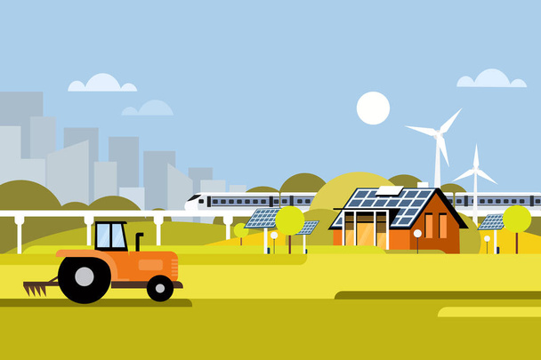 Ilustracja ekologicznego nowoczesnego domu z gospodarstwem wykorzystującym odnawialne źródła energii  - Wektor, obraz