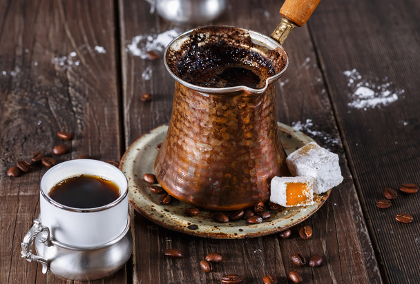 Turkish coffee over dark wooden background - Photo, Image