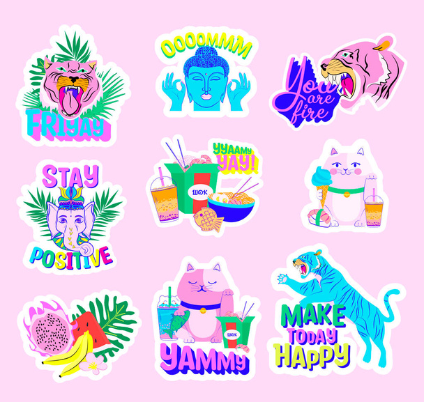 Collection of colorful Asian stickers with positive quotes. Editable vector illustration. - Vetor, Imagem
