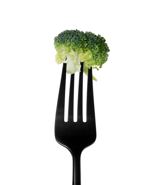 Fork with fresh broccoli isolated on white background - Zdjęcie, obraz