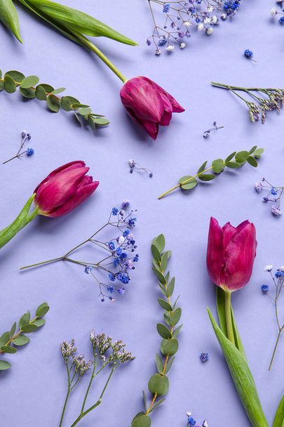 Composition with beautiful flowers on purple background - Valokuva, kuva