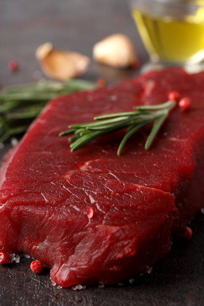 Concept of tasty food with raw beef steak, close up - Photo, image