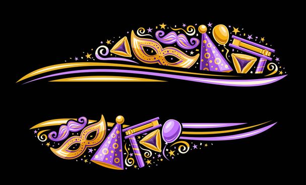 Frontera vectorial para el carnaval de Purim con espacio de copia para texto, pancarta horizontal con ilustración de varios símbolos de purim púrpura, confeti decorativo y orejas de haman dulce para purim sobre fondo oscuro - Vector, imagen