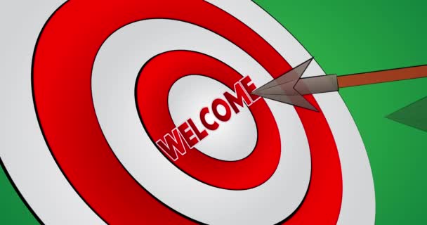 Arrows hit the bull's eye with the text Welcome. Cartoon animation stock video. - Footage, Video